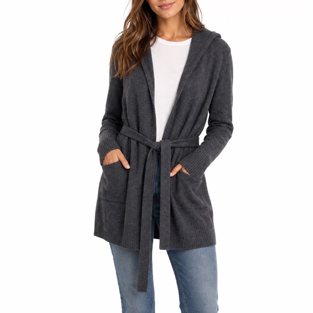 Gap Womens Charcoal Gray Hooded Wrap Cardigan Sweater Belted Pockets Size S